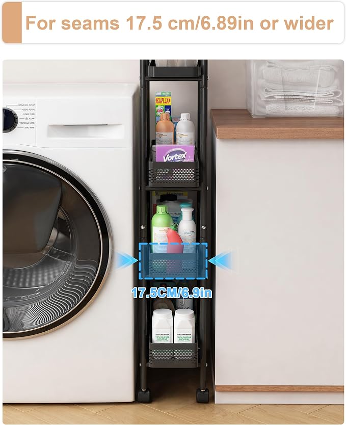 UMDONX 4-Tier Narrow Mobile Storage Cart with Pull-Out Baskets | The Multifunctional Pull-out Storage Rack Is Suitable for Bathrooms, Kitchens, and Laundry Rooms