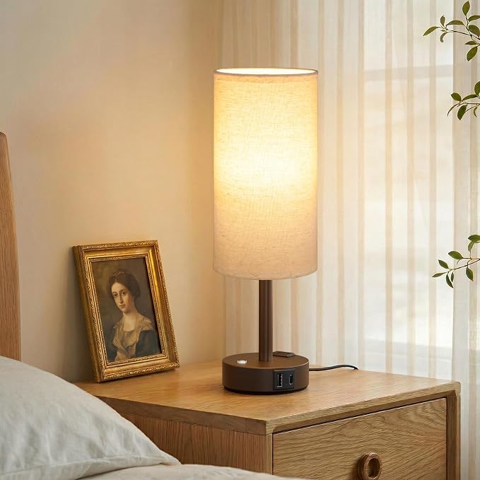 Brown Touch Bedside Lamp for Bedroom, Stepless Dimmable, USB A+C, AC Outlet | Base Touch Button Only, Memory Brightness, Ultra-dim Night Light, Included Bulb for Optimal Dimming, Beige Fabric Shade, Desk