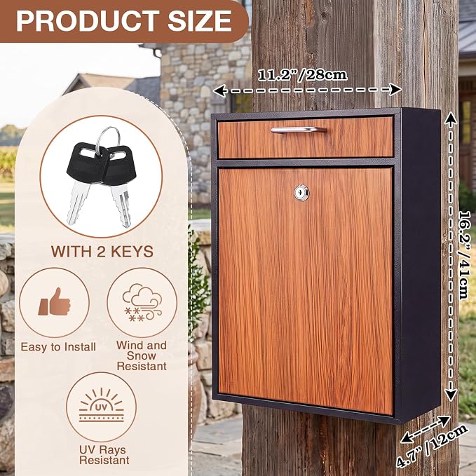 Yaocom Locking Mailbox with Key for Outdoor 16.2 x 11.2 x 4.7 Inches Large Wall Mount Mail Box with Lock Security Mail Drop Metal Collection Boxes Hanging Secure Postbox(Wooden)