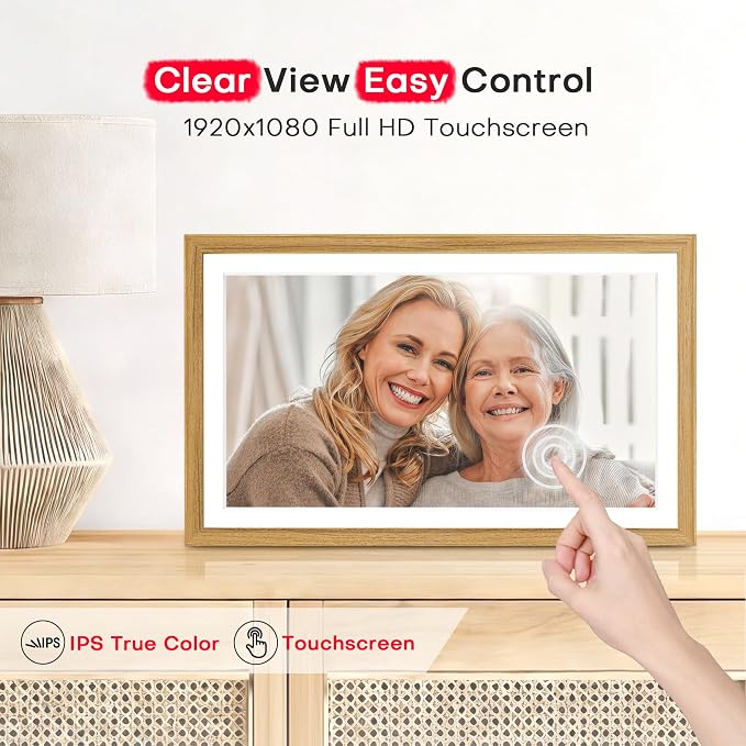 Frameo 15.6 inch Digital Picture Frame WiFi Wood, 1920 * 1080 IPS FHD Touchscreen Large Digital Photo Frame, 32GB Storage, Instant Share Photo Video, Wall-Mountable & Tabletop Display, Gift for Mom