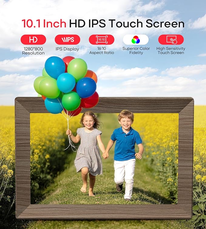 Frameo 10.1" Digital Picture Frame with 32GB Memory Wood WiFi Electronic Photo Frame 1280 x 800 IPS Touch Screen Auto-Rotate Slideshow Wall Mountable Share Photos/Video Remotely Anywhere