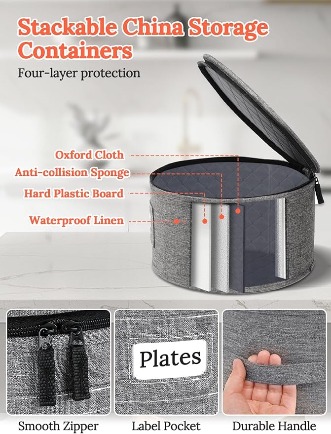 Cirhy Hard Shell China Storage Containers 4-Piece Set - Reinforced Hard-Sided Moving Boxes for Dinner Plates, Bowls & Saucers - Stackable Dish Packing Protectors with 48 Felt Dividers