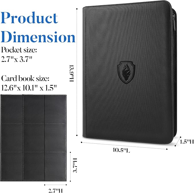 Premium Zip Card Binder, Fabmaker 9 Pocket Trading Card Binder, PU Cover Zipper Card Collection Album, Sturdy 360 Side-Loading Card Folder Holder for Game & Sports Cards, Black