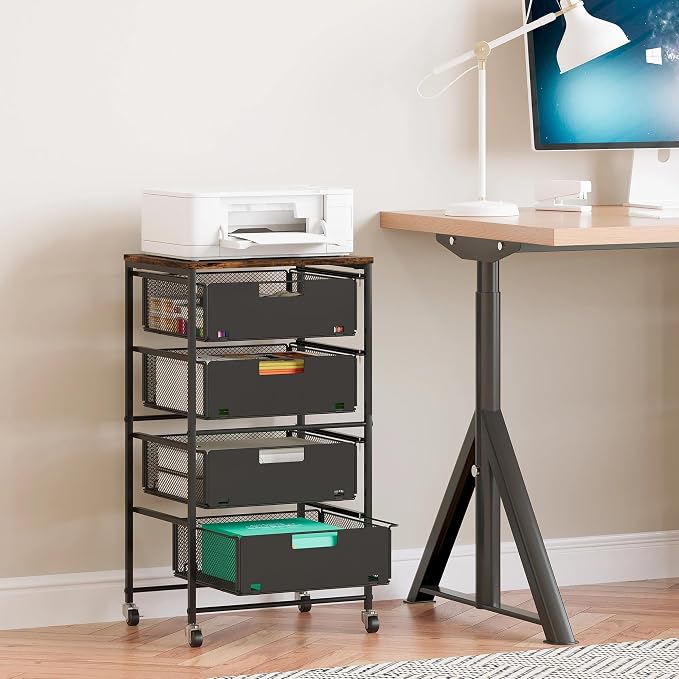 EasyPAG Rolling Storage Cart with 4 Drawers, Under Desk File Cabinet on Lockable Wheels, Moviable Hanging File Folder Organizer with Wooden Printer Stand for Home Office