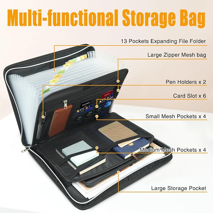 Accordion File Organizer,Fireproof Safe Document Bag,Expanding File Folder Tote Bag with Multi Pockets,Home Travel Fire Safe 13 Pockets Storage Organizer for Important Letter A4 Files