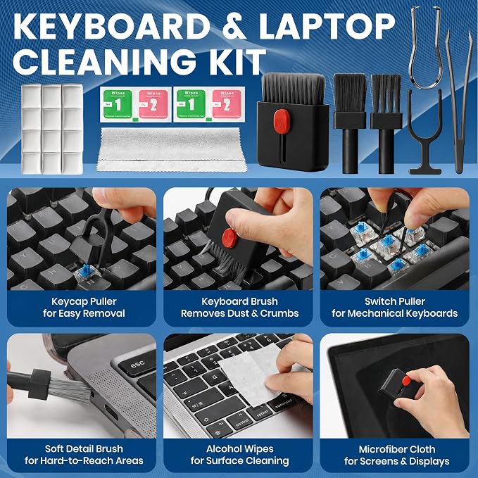 Upgrade Phone Cleaning Kit 47PCS, iPhone Cleaning Kit, Airbud AirPods Cleaning Kit, Keyboard, Charging Port Cleaner for Apple Lightning/Android USB-C - Includes Putty, Cloth & Wipes (Black)