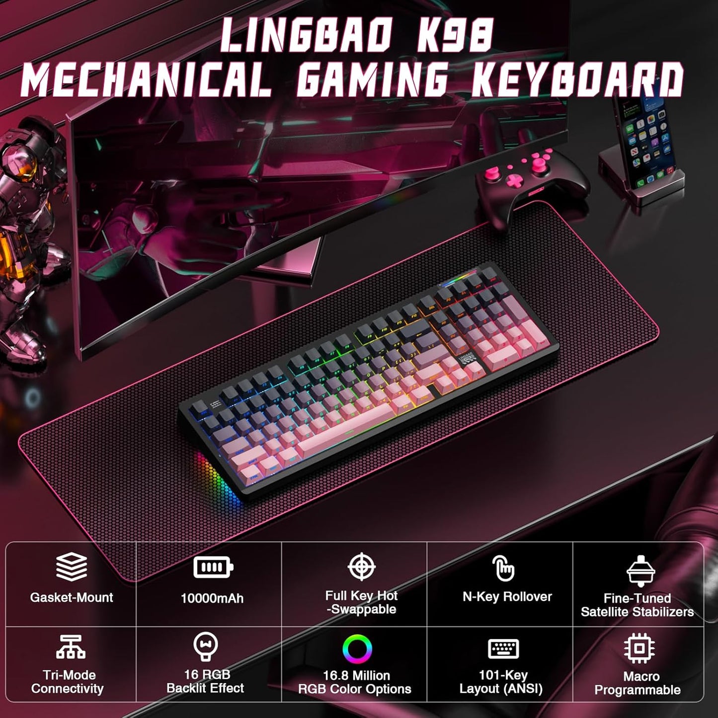 LINGBAO K98 Wireless Mechanical Gaming Keyboard, 10000mAh Battery Tri-Mode BT5.0/2.4GHz/USB-C, Gasket Custom Hot-Swappable Linear Switches Mechanical Keyboards, RGB Backlit Keyboard for PC Laptop