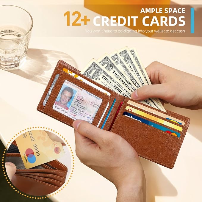 RUNBOX Wallet for Men, Slim Leather Bifold, RFID Blocking Card Holder | Minimalist Front Pocket Design, Credit Card Organizer, Holds 11 Cards, Large Capacity, Thin Profile, Birthday Gifts for Men