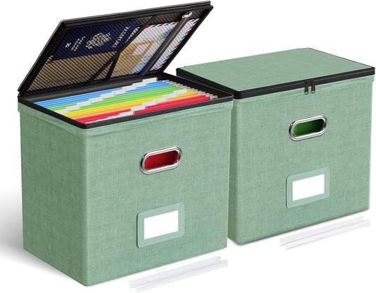 Oterri 2 Pack File Organizer Boxes with Lids, File Box with Mesh Pockets, Document Organizer Box for File Folders Letter Size, Zippers Filing Box for Home, Office, School (Green, Without Folders)