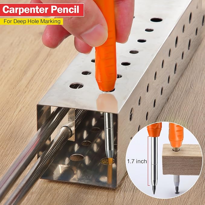 Hiboom Mechanical Carpenter Pencil with 7 Leads, Deep Hole Marker, Orange | Built-In Sharpener, Long Nose Construction Pencil, Pocket Clip Design, Woodworking Tools, Marks on Various Surfaces