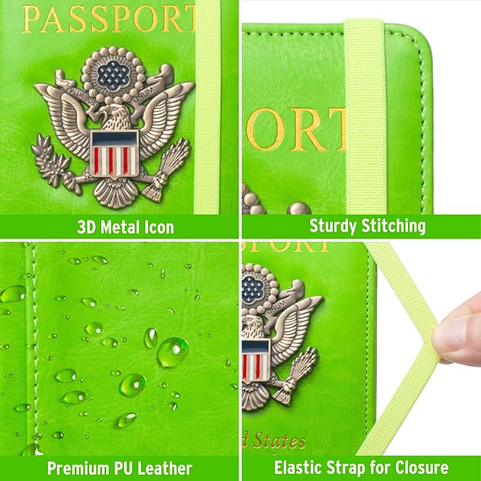 RFID Passport Holder for Travel Men, US Passport Cover Wallet Case, RFID Blocking Waterproof Leather Travel Wallet for Men Women, Document Protector for Traveling-Green