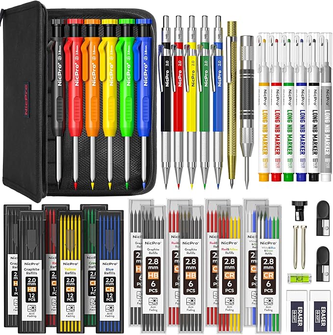 Nicpro 42Pack Carpenter Pencil with Sharpener, Mechanical Carpenter Pencils Set with Deep Hole Long Nib Marker Pen, Carbide Scribe Tool & Construction Pencil for Architect Woodworking-With Canvas Case