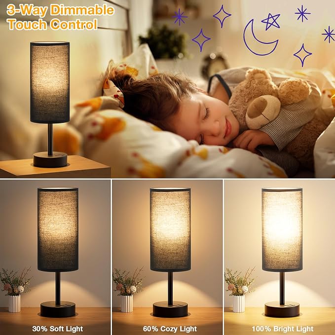 Dicoool Bedside Table Lamp for Bedroom - 3-Way Dimmable Touch Lamp, USB A+C | LED Bulb Included, 14" Small Nightstand Lamp for Desk, Living Room, Guest Room, Black Fabric Lampshade, Black Metal Base