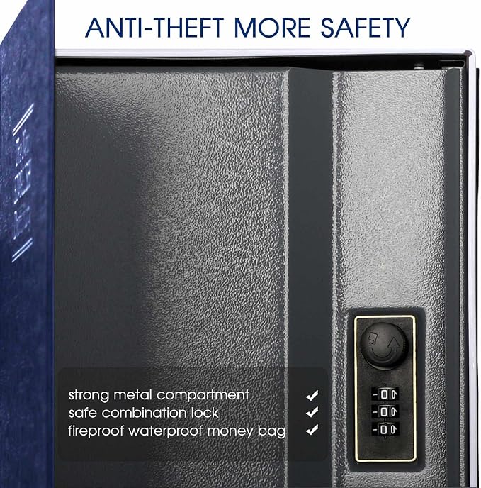Dictionary Diversion Book Safe with Combination Lock and Fireproof Money Bag - Blue