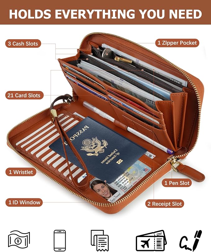 Large Travel Wallet for Women | RFID Blocking Zipper Wallet,Passport Holder Clutch with Wristlet