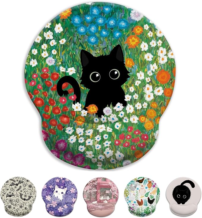 LIMKRIAN Black Cat Ergonomic Mouse Pad with Gel Wrist Rest, 9.8 x 8.6 in | Non-Slip PU Base, Smooth Surface, Cooling Gel Eases Wrist Pain, Comfort Wrist Support, Cute Office Desk Accessories Decor