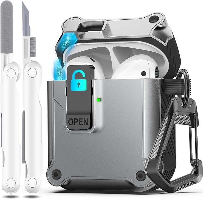 R-FUN for AirPods 2 Case Cover with Lock Magnetic Lid, Silver | Compatible with Apple AirPods 2 and AirPods(2016), Case with Cleaner Kit & Keychain, Powerful Drop Protection