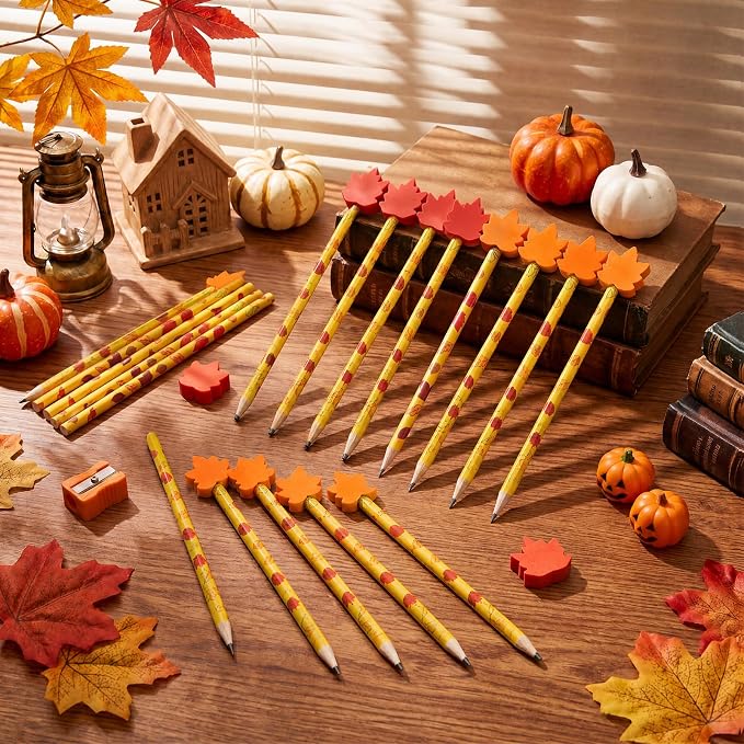 32 Pcs Maple Leaves Pencil with Eraser Autumn Party Favors Gifts Stationery Supplies for Classrooms Exchange Reward Prizes Home Office School Supplies(Red and Yellow)