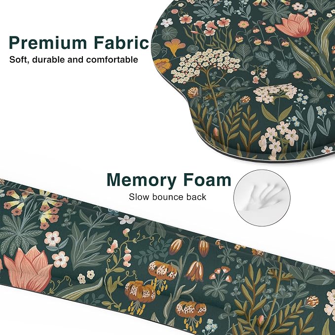 Ergonomic Mouse Pad with Wrist Rest and Keyboard Wrist Rest, Mousepad | Memory Foam Wrist Rest for Computer Keyboard, Pain Relief, Non-Slip Base, Mouse Pad Wrist Support for Gaming, Green Flowers