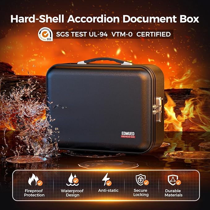 Fireproof Document Box, Waterproof Safe Box with Combination Lock | Upgraded Fireproof, Water-Resistant Document Organizer Box with Multi-Compartment Storage for Home, Office, and Travel Use