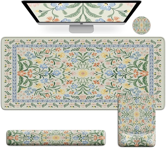 iCasso Mouse Pad with Wrist Rest, Large Desk Mat Set, Light Green | Ergonomic Keyboard Pad with Wrist Support, Non-Slip Mouse Mat for Women, Cute Floral Computer Mat for Home Office Gaming