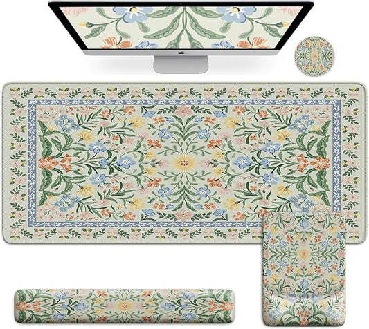 iCasso Mouse Pad with Wrist Rest, Large Desk Mat Set, Light Green | Ergonomic Keyboard Pad with Wrist Support, Non-Slip Mouse Mat for Women, Cute Floral Computer Mat for Home Office Gaming