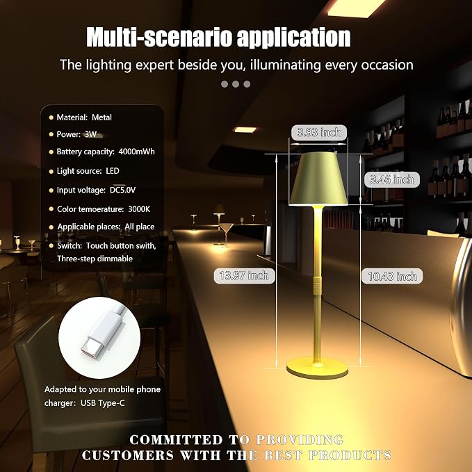 Timjorman 1-Pack Cordless Table Lamps - 5000mAh Rechargeable Battery Operated Desk Lamp, 3-Level Dimmable LED Night Light for Bedroom, Dining, Restaurant - Metal Design (Champagne Gold-1Pack)