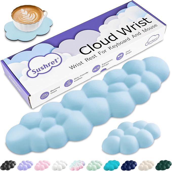 Cloud Wrist Rest Keyboard, Cloud Keyboard Wrist Pad Set with PU Leather Memory Foam, Cute Arm Rest for Palm Support, PC/Gaming Desk Accessories/Office Setup/Computer Hand Cushion - Blue