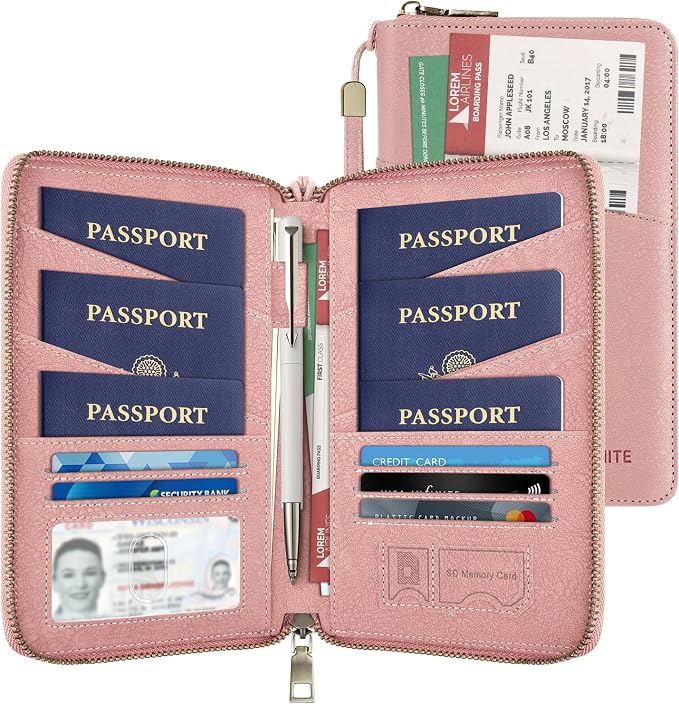 Likesing Family Passport Holder for 4, RFID Multiple Passport Holder-Pink | Leather RFID Blocking Travel Passport Wallet with Zipper, Travel Document Organizer with Wrist Strap Card Slots for Women Men
