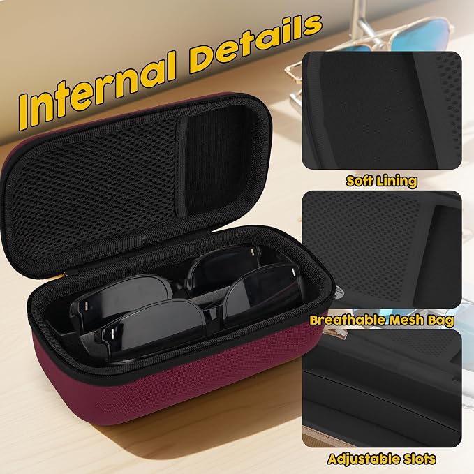 Double Eyeglasses Case,Hard Shell Glasses Case Travel Sunglasses Organizer with Adjustable Slot & Clip for Men Women