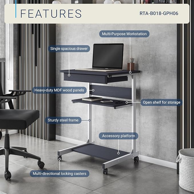 Techni Mobili Rolling Laptop Cart w/ Storage & Printer Shelf,Graphite Black | Rolling laptop cart with storage shelf, printer platform, locking wheels, portable workstation, laptop stand, or mobile desk