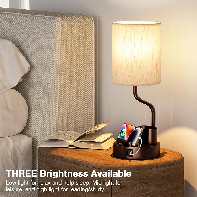 Bedside Lamps for Bedroom Set of 2 - Table Desk Lamp for Nightstand | 15" Table Lamp for Living Room with Pen Holder & Phone Stand, USB A+C Port, AC Outlet, 3 Color Temperature, LED Bulb Included