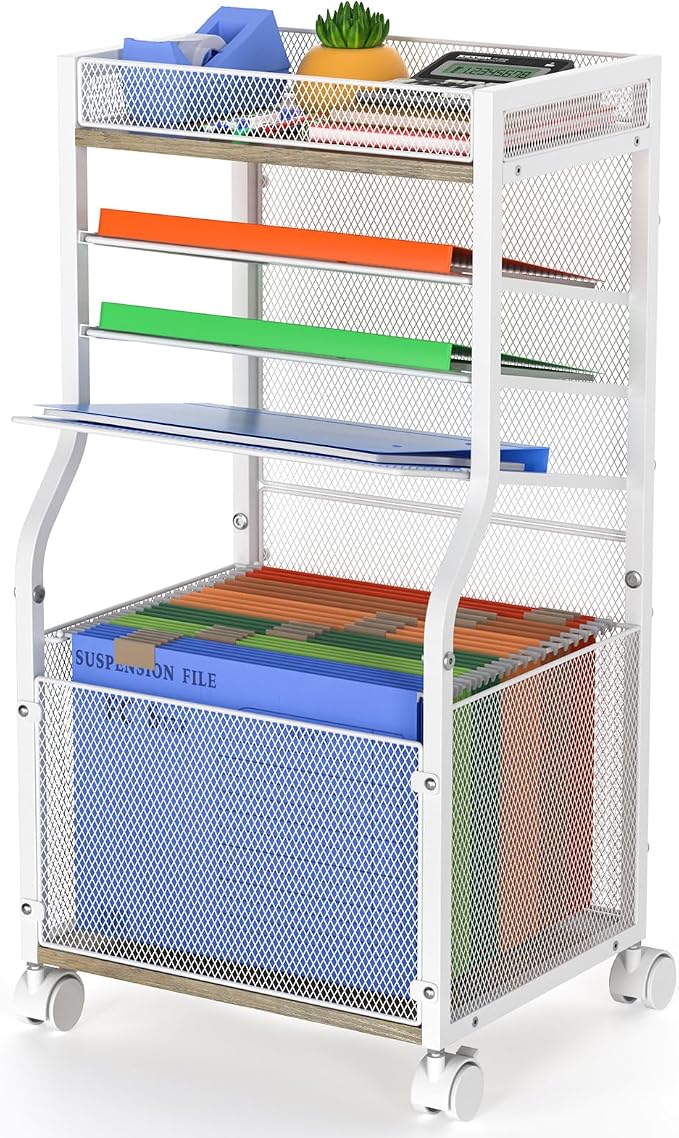 3IngSeagulls Rolling File Cart, 5-Tier Mobile Filing Cabinet on Lockable Wheels, Under Desk Storage, Office Hanging Folder Storage Organization Mobile Cabinet for Office, Home, and School, White
