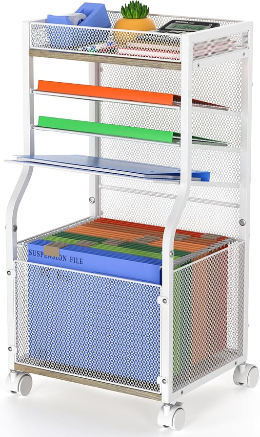3IngSeagulls Rolling File Cart, 5-Tier Mobile Filing Cabinet on Lockable Wheels, Under Desk Storage, Office Hanging Folder Storage Organization Mobile Cabinet for Office, Home, and School, White