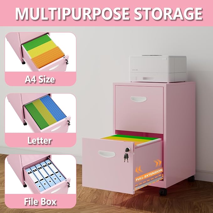 Polup 2 Drawer Rolling File Cabinet with Lock for Home Office | Metal Mobile Filing Cabinet on Wheels, Small Under Desk Storage, Fits Hanging Letter Size, Printer Stand, Pink