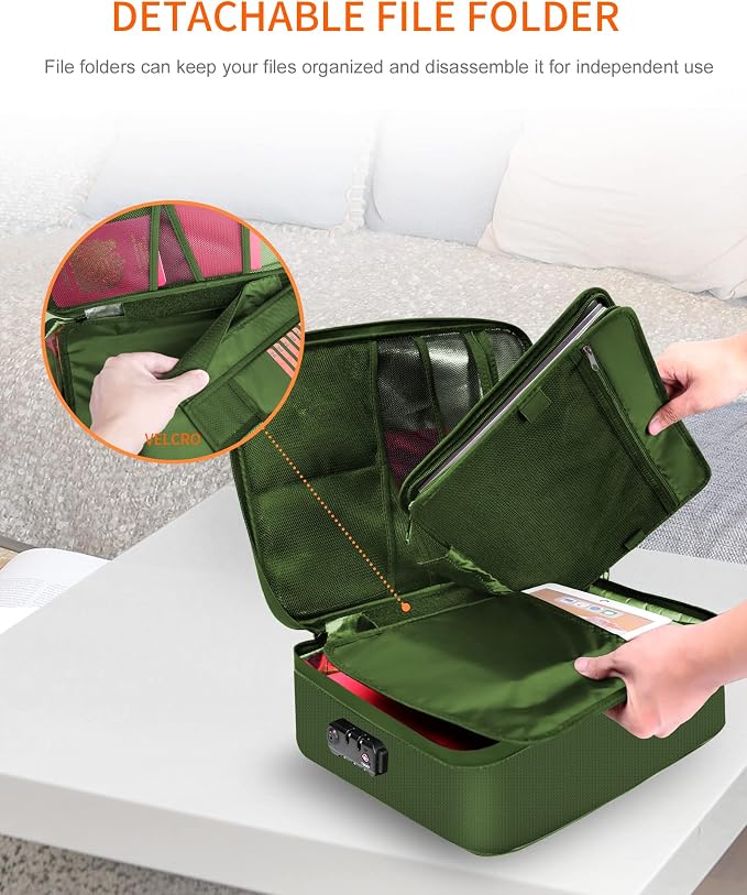 Fireproof Document Box with Lock 5200℉ Water Resistant | Portable ,Home ,Travel Strong Document Storage Organizer with 7 pockets for Important Documents and File ,Green