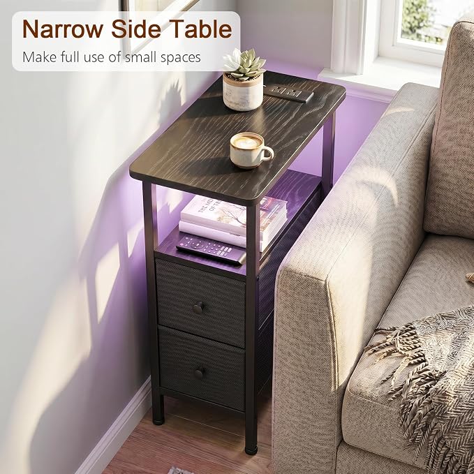 Narrow End Table with Charging Station, Small Nightstand | Skinny Side Tables Living Room with 2 Fabric Drawers, Bedside Table with LED Lights for Bedroom, Small Spaces, Black
