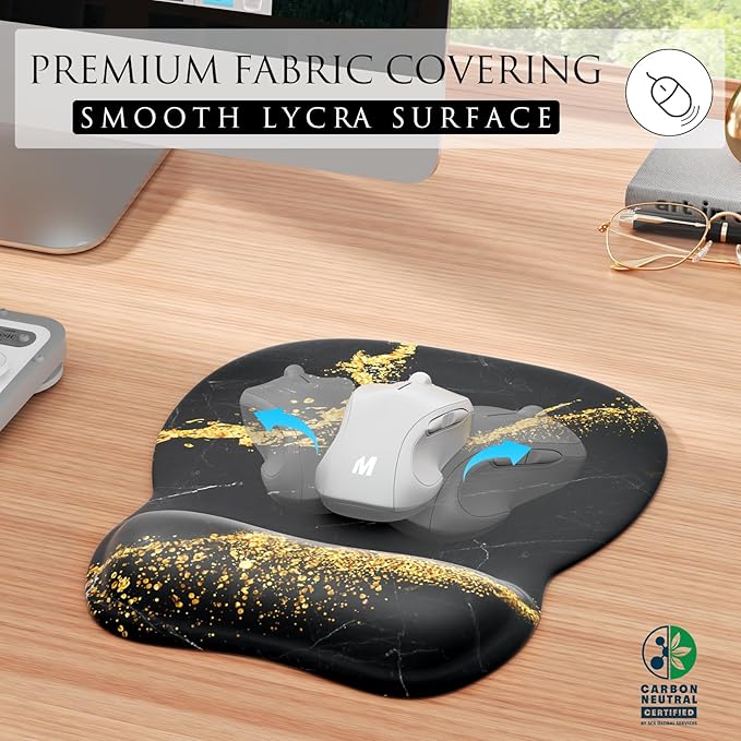 MROCO Ergonomic Mouse Pad with Gel Wrist Rest, 9.4 x 8.1 in, Black Gold | Ergonomic Shape Design, Multiple Pattern Options, Gel Wrist Comfort, Smooth Lycra Surface, Non-Slip PU Base