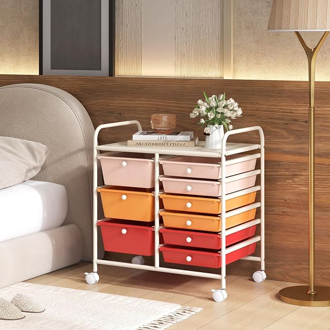 9 Drawer Rolling Storage Cart, Rolling Cart with Drawers for Classroom, Art Supply Craft Organizer on Wheel with Metal Frame & Handles for Home Office School