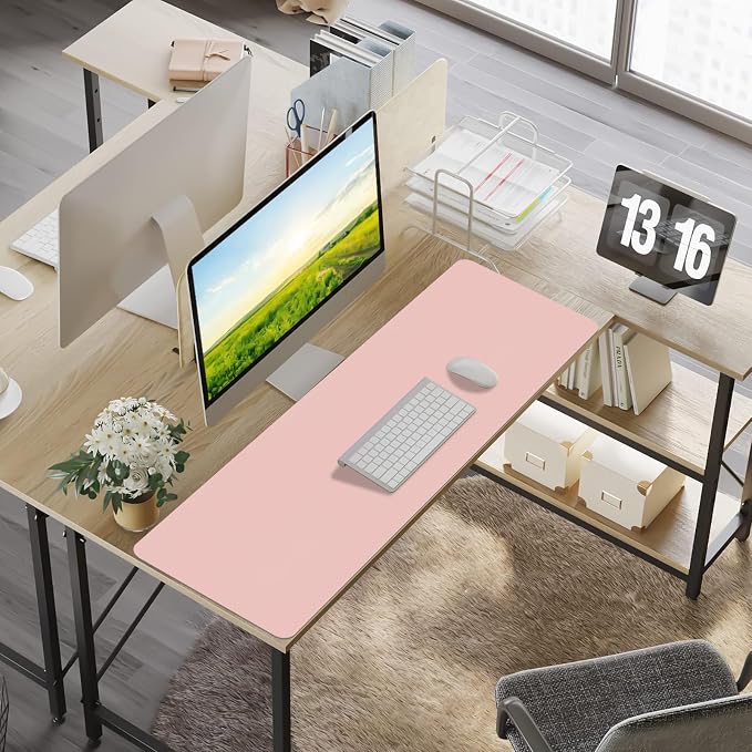 Leather Desk Pad Mat, Large Pink Desk Mat, 47.2" x 16.9" | Non-slip and Waterproof Computer Mat, Desk Protector for Office/Home, Desk Accessories for Women