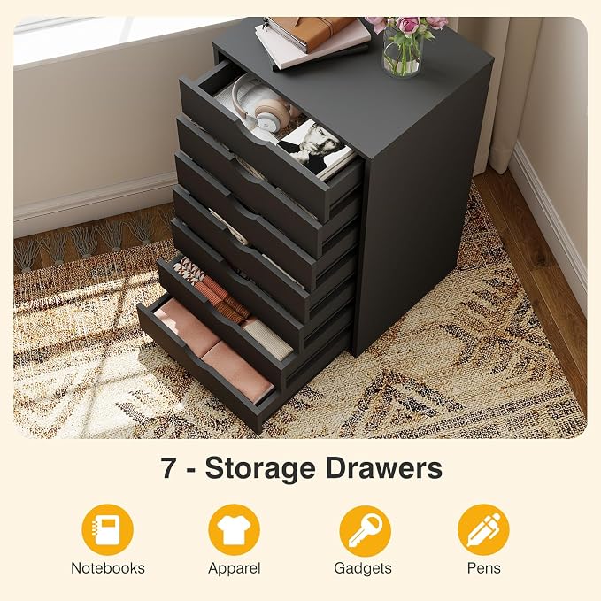 OLIXIS 7 Drawer File Cabinet, Printer Stand with Storage Cabinet | Wood Under Desk Storage Organization Holds Printer, Office Supplies, Not For Hanging Files, Fit Home Office Black