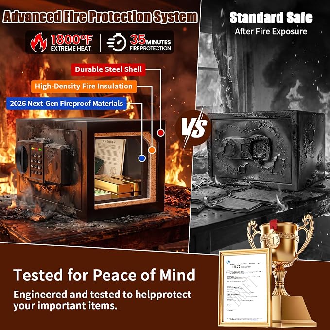 𝟑𝟓-𝐌𝐢𝐧 𝟏𝟖𝟎𝟎°𝐅 Mini Fireproof Safe, 15.4 Lbs Heavy Duty Safe Box | Small Fire Safe with Alarm System, Sensor LED Light, Wall Mountable Design for Home & Office Storage of Cash, Passport