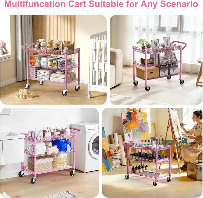 Pink Rolling Utility Cart with Wheels, 990Lbs Heavy Duty Metal Cart with Handle & Shelf Liners, NSF Certified 3-Tier Storage Trolley for Esthetician, Kitchen, Salon & Craft Room, Pink