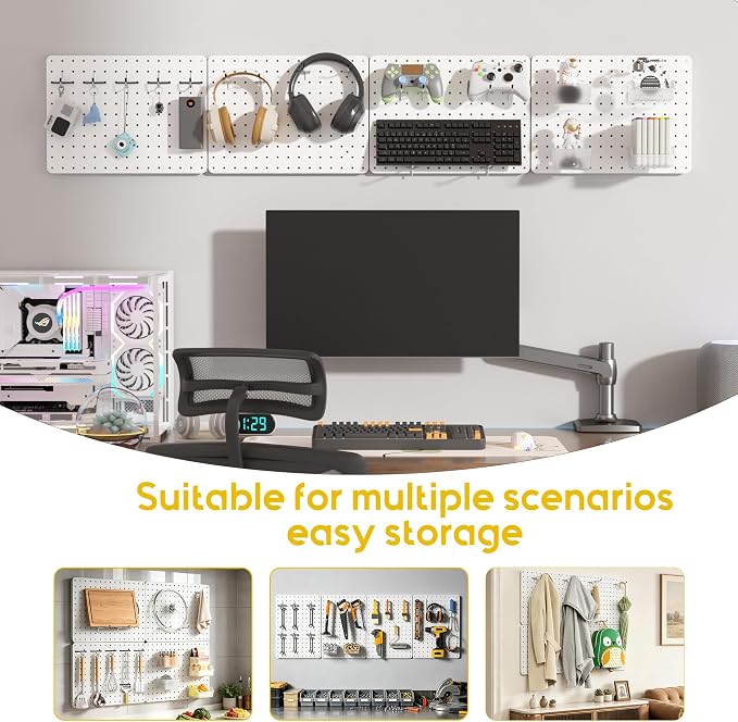 Steel Pegboard Tool Wall Organizer, 4 Pack 14.76 x 10.82 in, 6 Bins, White | 6 clear storage bins organize screws and small parts; 36 hooks and 30 peg locks keep garage tools sorted and easy to reach.