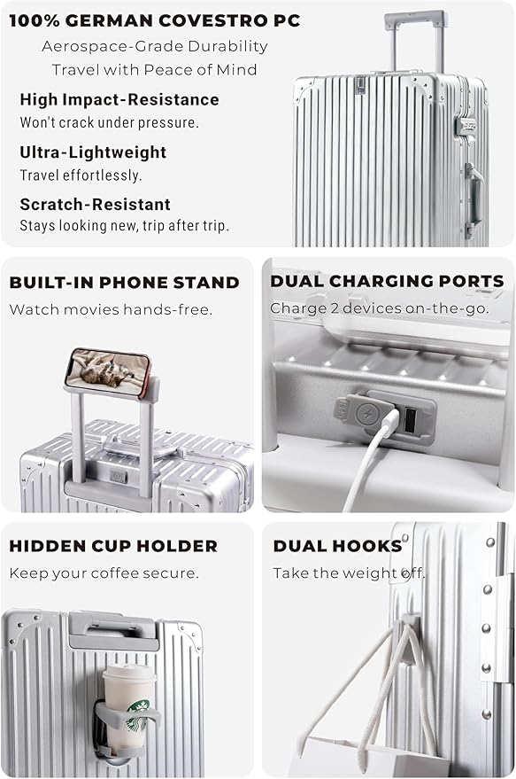 24-Inch Aluminum Frame Hardside Checked Luggage, White | Zipperless medium PC suitcase, vacation essentials, dual TSA locks, cup holder, USB port, phone stand, spinner wheels