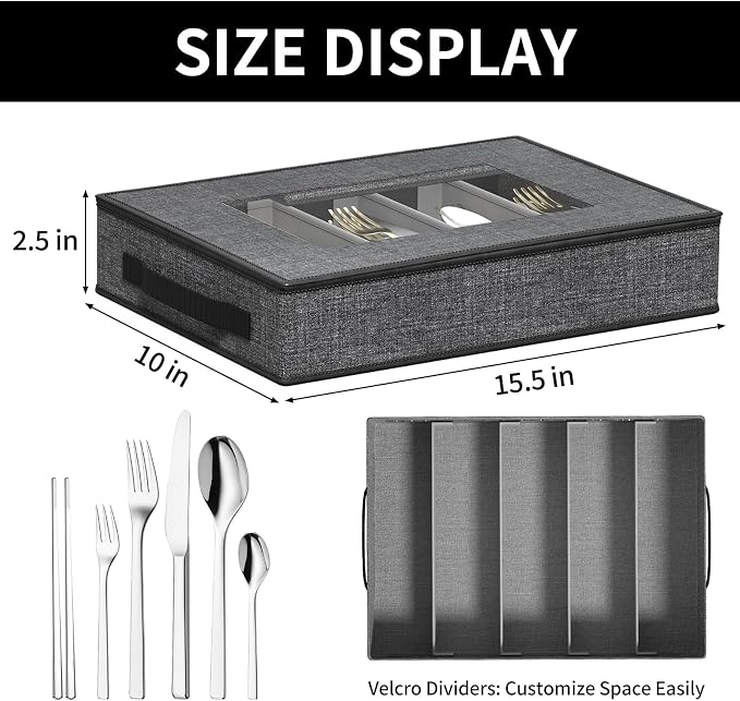 Aokeyee 2-Pack Silverware Storage Box, Sturdy Flatware Organizer with 5 Compartments & Adjustable Dividers, Utensil Case with Clear Lid & Handle for Knives, Forks & Spoons, Gray