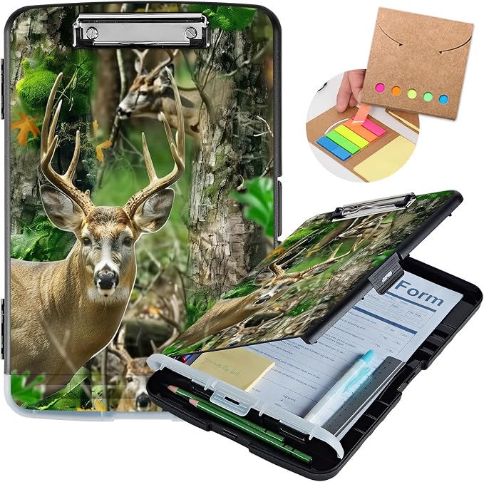 Clipboard with Storage,Storage Clipboard with Pen Holder,Heavy Duty Plastic Storage Clipboard with Low Profile Clip,Teacher Must Haves,Clipboard Folder,Office Supplies,Deer Forest -1350