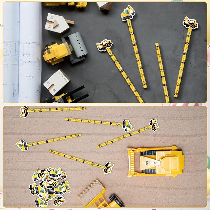 32 Pcs Construction Pencil with Eraser Excavator Truck Construction Party Favors Stationery Supplies for School Classroom Exchange Gift Reward Prizes Theme Birthday Party Supplies