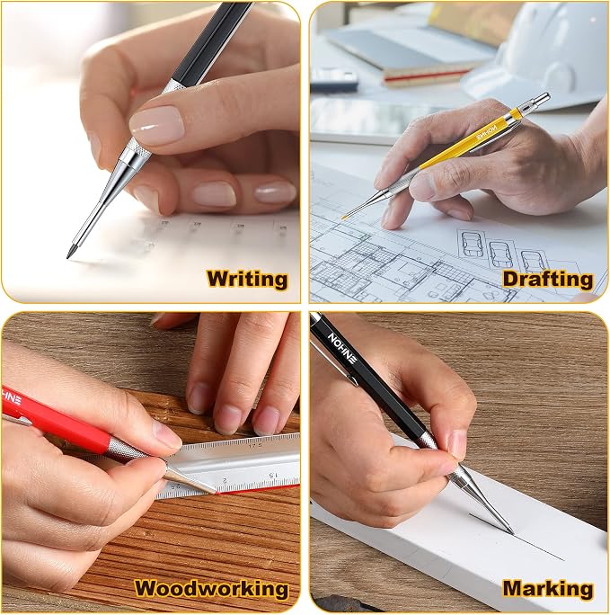 Enhon 3 Pcs 2mm Mechanical Carpenter Pencils Set with 36 Marker Refills | Extended Needle Nose Tip, 3 Color Marking Refills, Built-In Sharpener Design and Pocket Clip, Multi-Surface Woodworking Tool