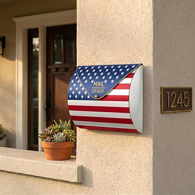 American Flag Wall Mount Mailbox for Outside, Waterproof Metal Mailbox with Rust-Proof Galvanized Steel, Large Capacity Mailbox for House, Independence Day Patriotic Decor